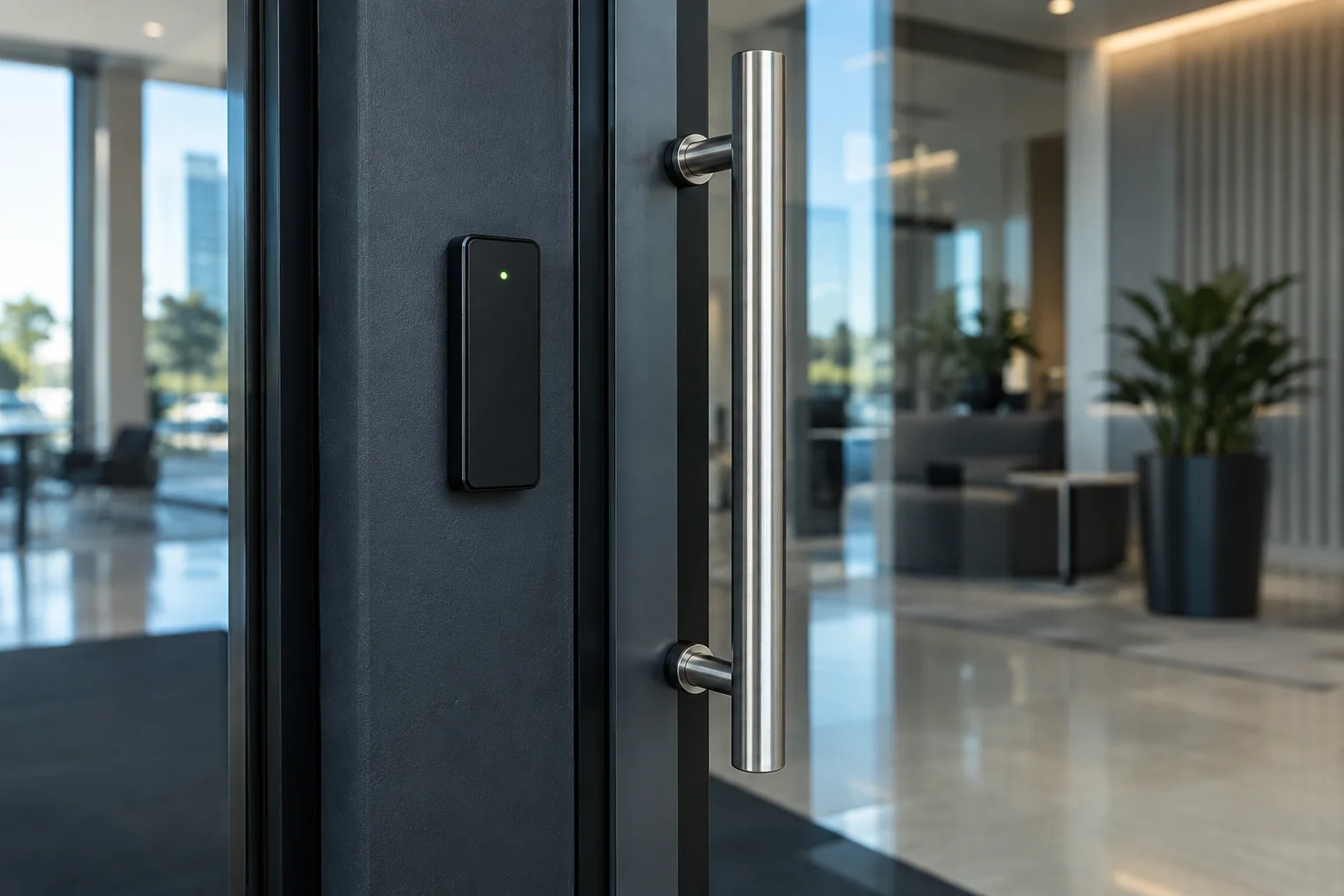 Contactless access reader beside a commercial glass door