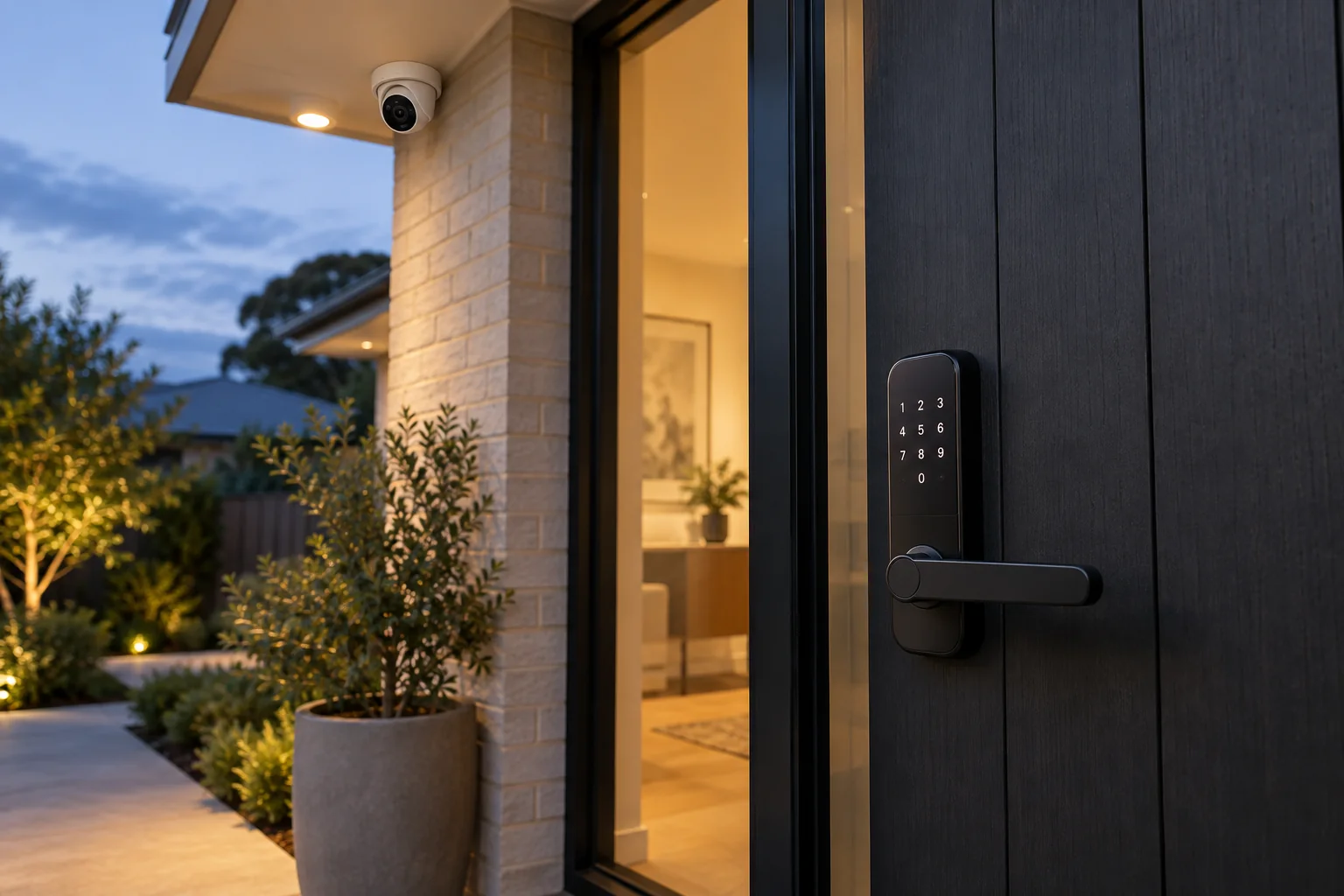 Digital keypad door lock and porch security camera at a home entrance