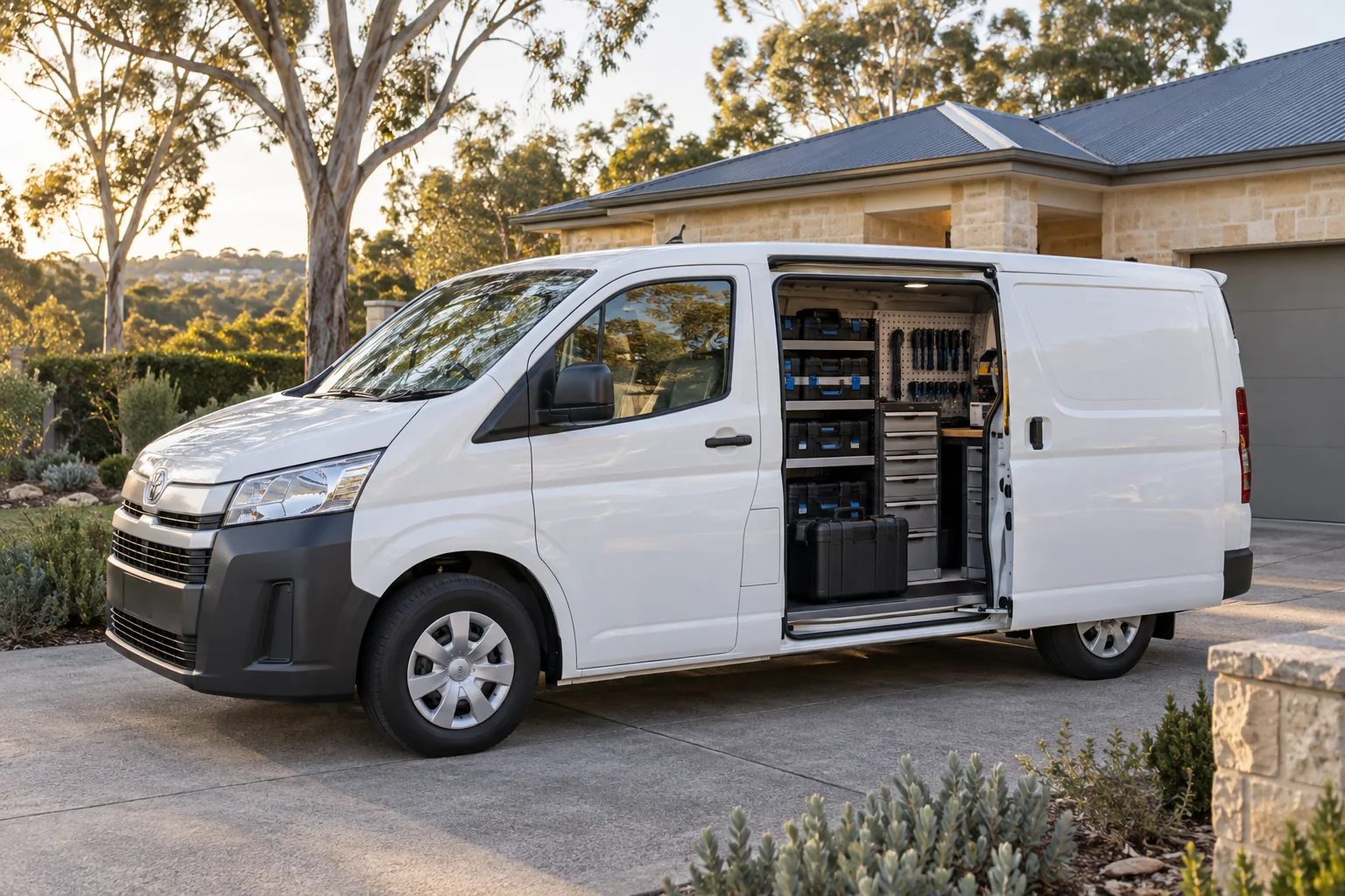 Illustrative mobile service van with an organised workshop at an Australian home