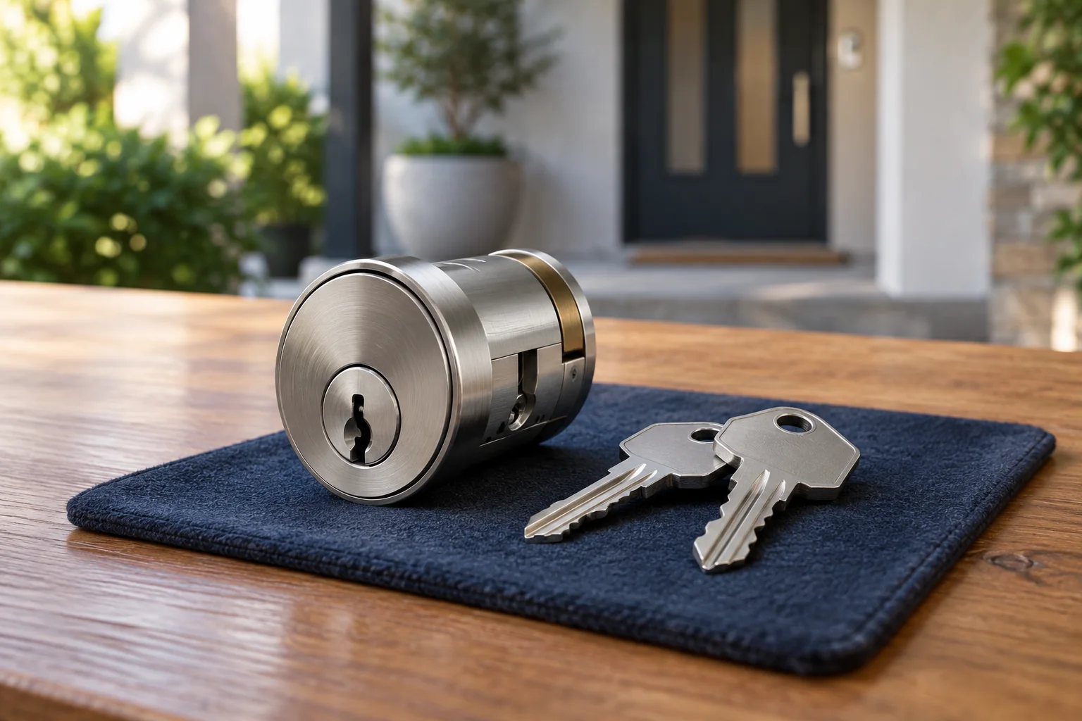 Residential lock cylinder and two house keys on a work mat