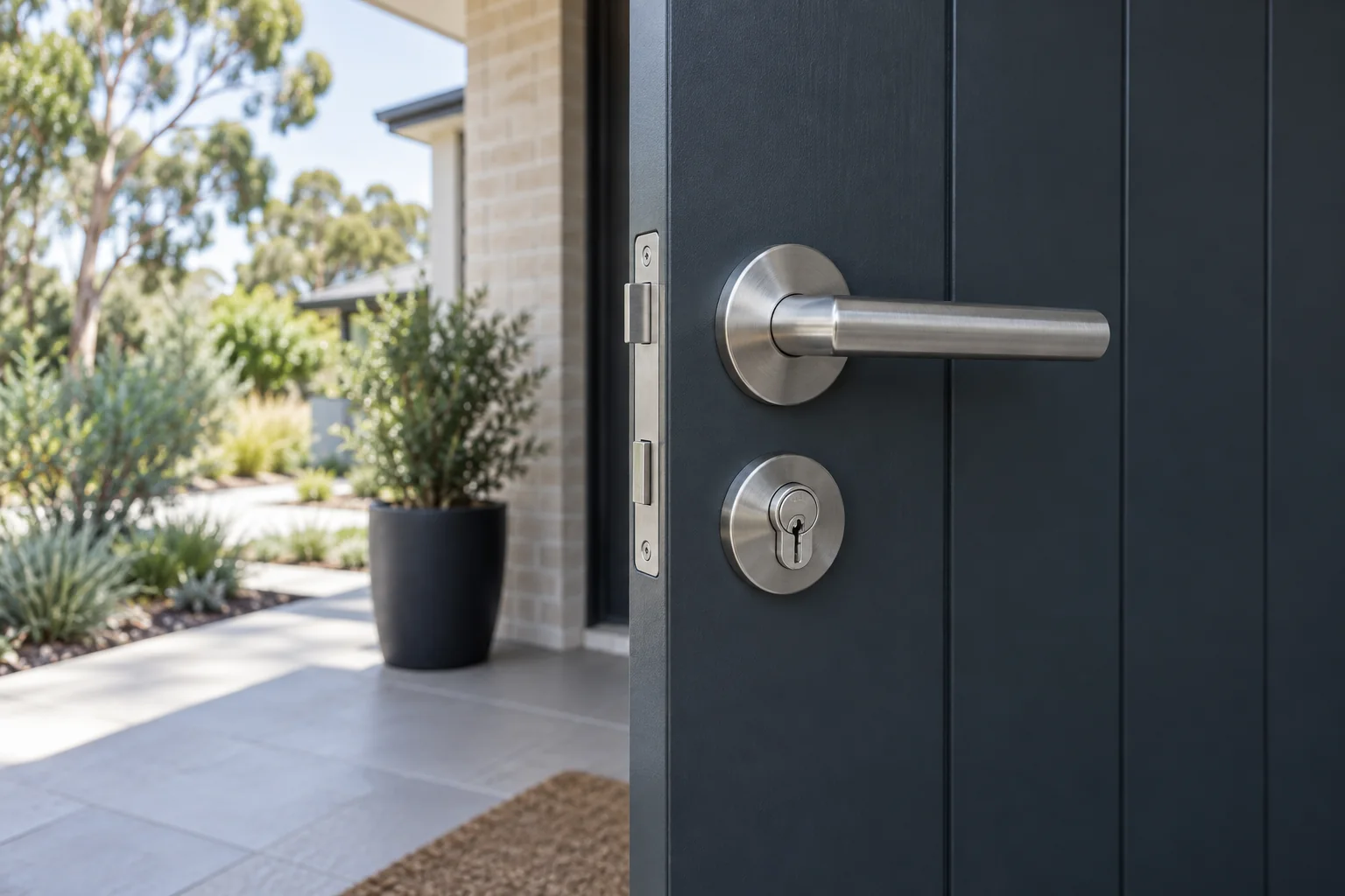 Brushed steel door handle and cylinder on a charcoal residential front door