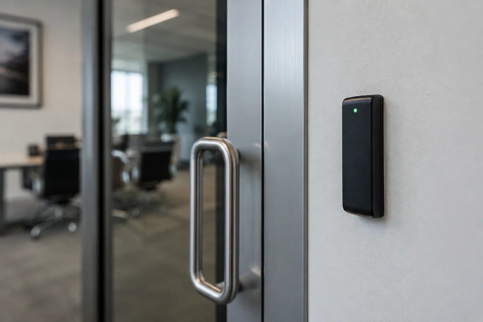 An access card reader beside a commercial doorway — illustration for Adelaide locksmith services