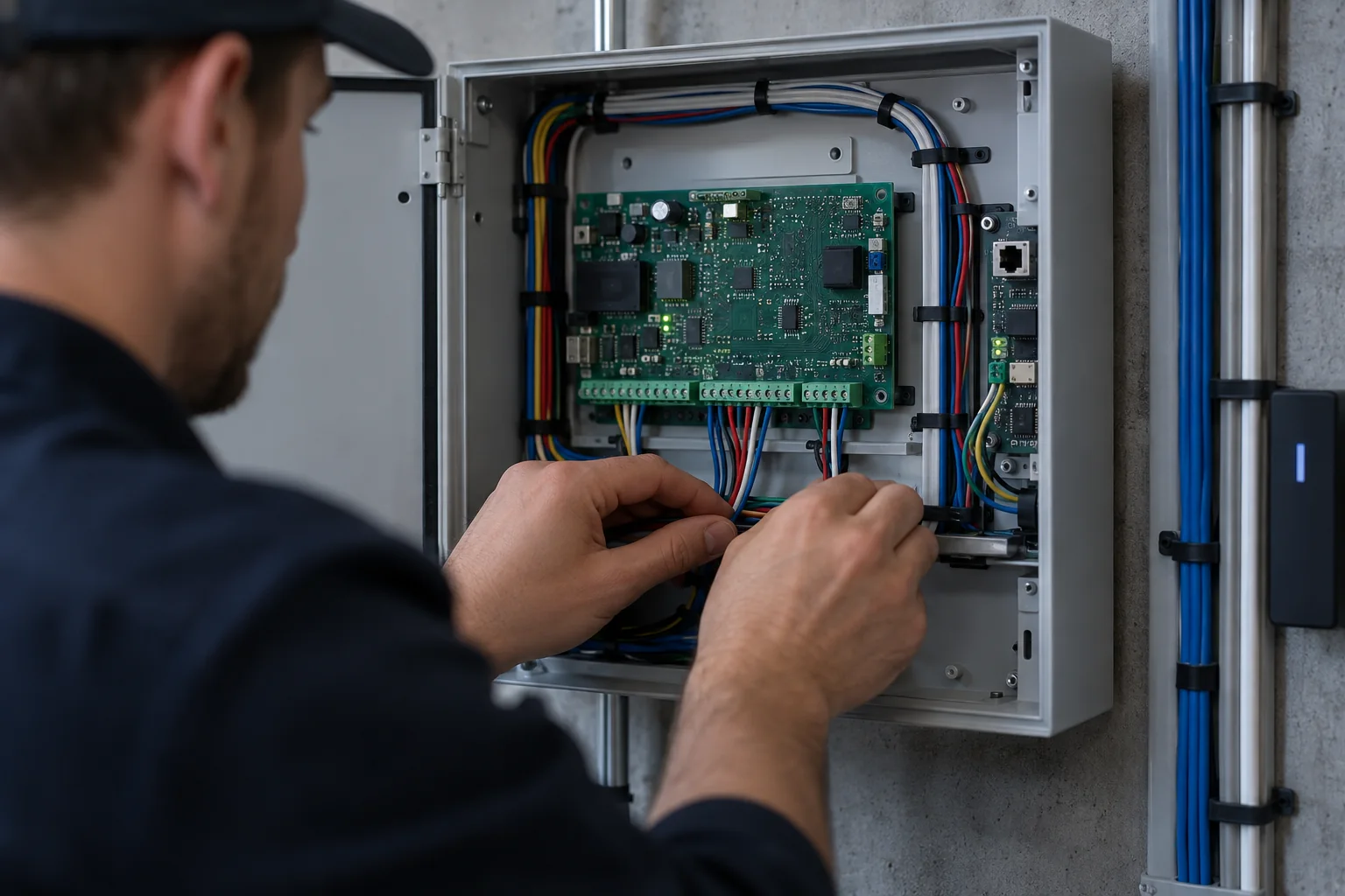 Access-control equipment and neatly arranged wiring — illustration for Adelaide locksmith services