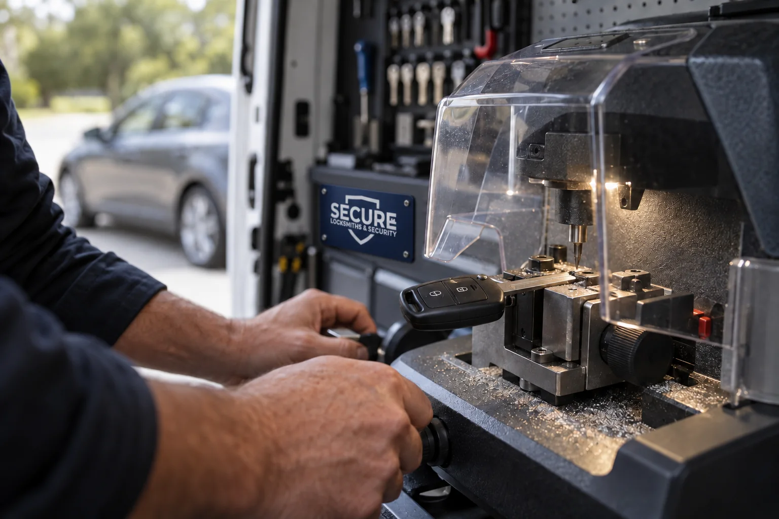 Automotive key cutting equipment inside a branded locksmith van — illustration for Adelaide locksmith services