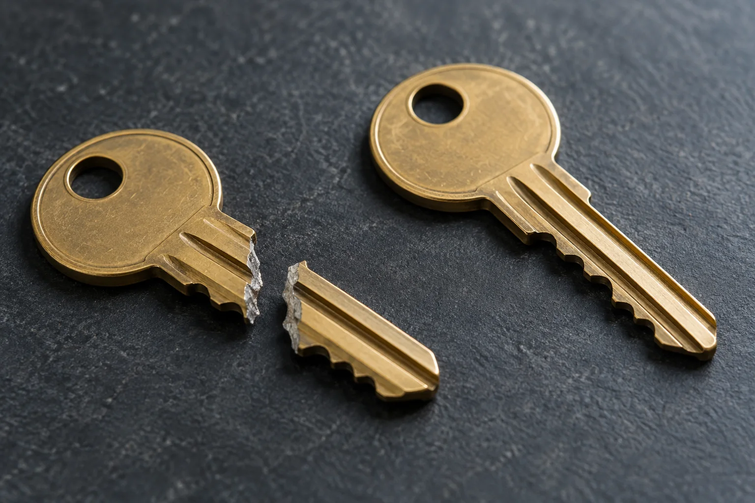Broken brass house key beside an intact spare key — illustration for Adelaide locksmith services