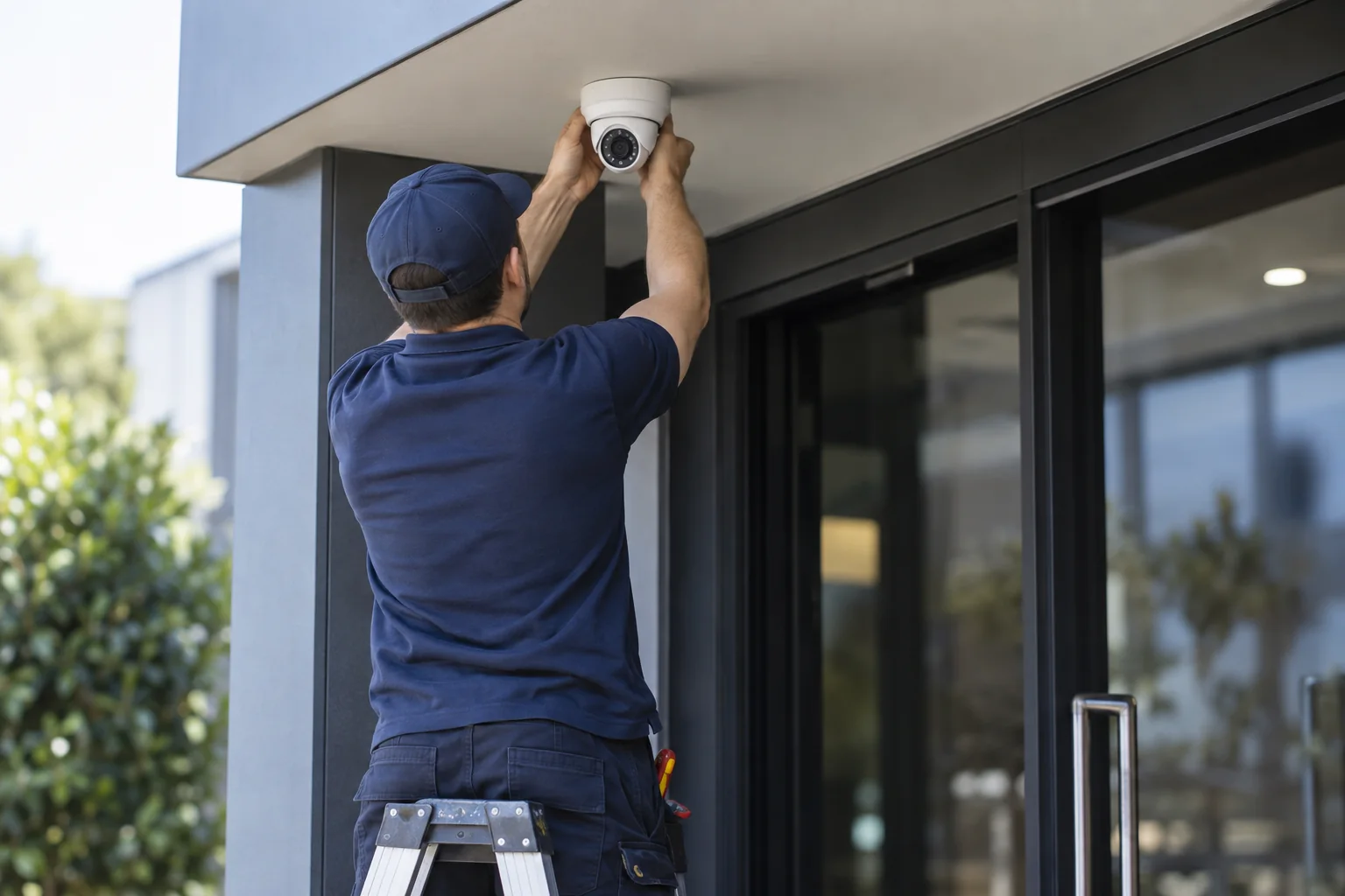 A technician fitting a security camera to a building — illustration for Adelaide locksmith services