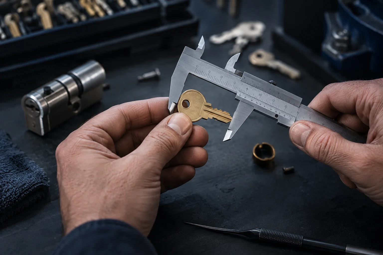 A cut key being checked against its measurements — illustration for Adelaide locksmith services