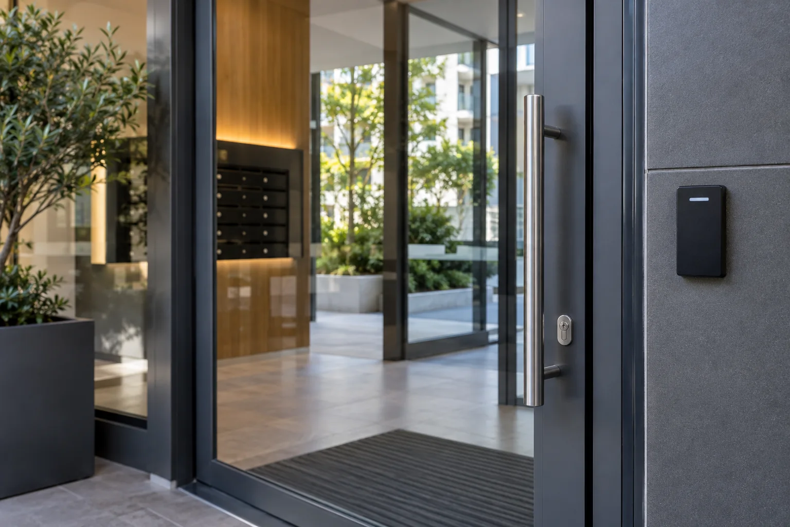 An apartment building entrance with controlled access — illustration for Adelaide locksmith services