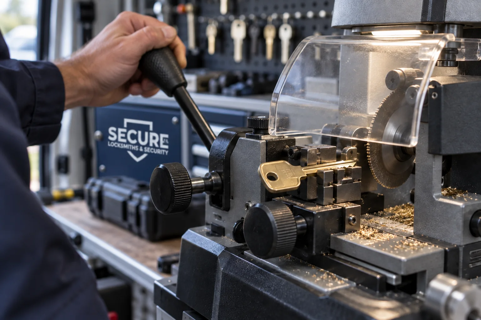 Key cutting machine inside a branded locksmith van — illustration for Adelaide locksmith services