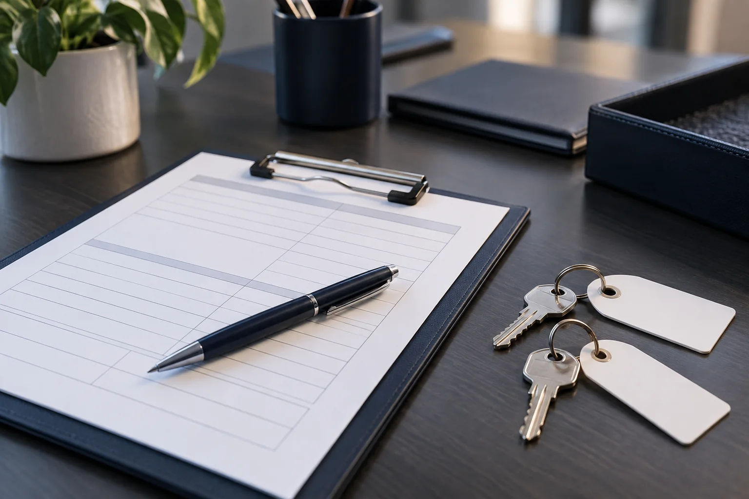 Key-issue register and keys arranged on a desk — illustration for Adelaide locksmith services