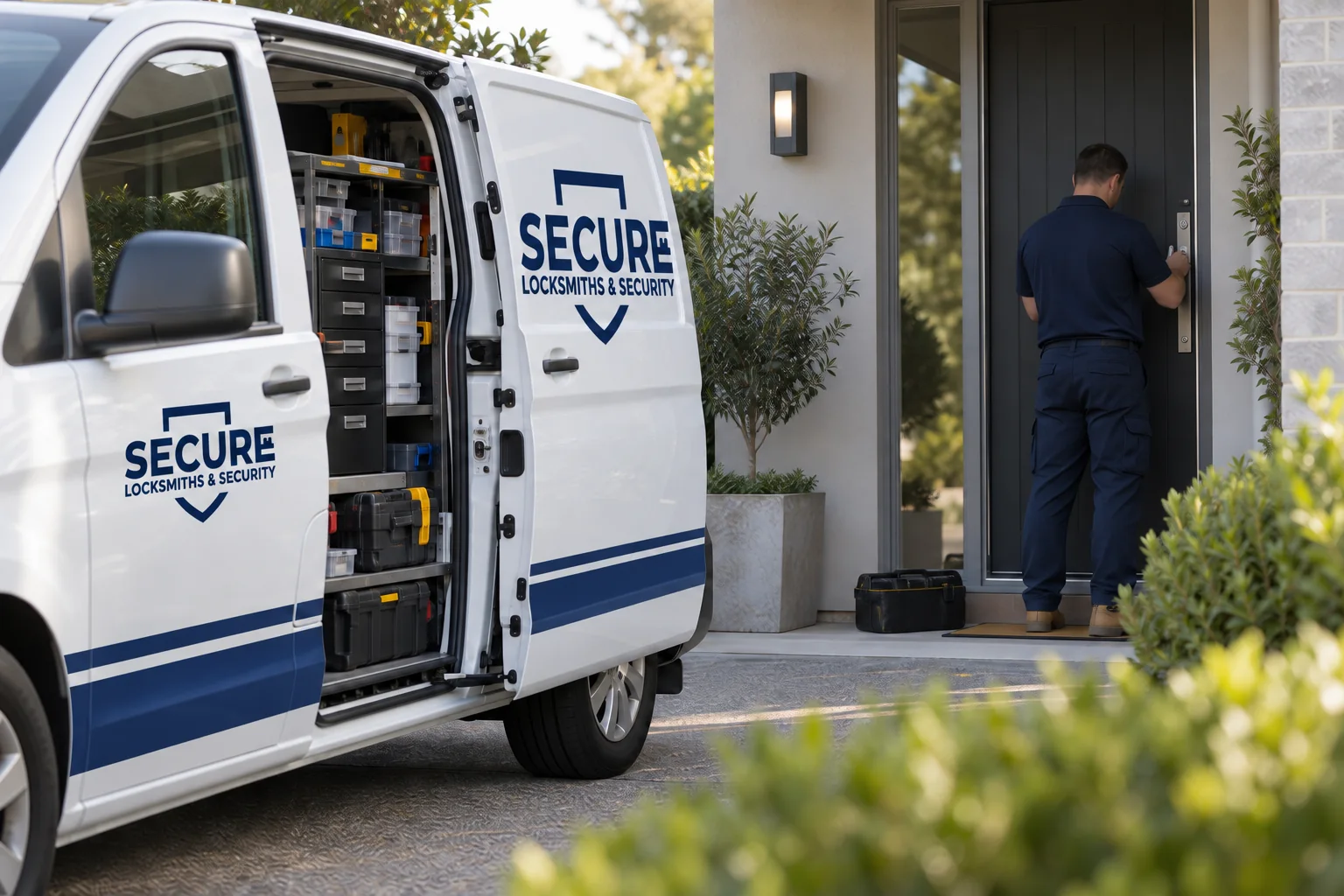 Branded Secure Locksmiths van with an open mobile workshop — illustration for Adelaide locksmith services