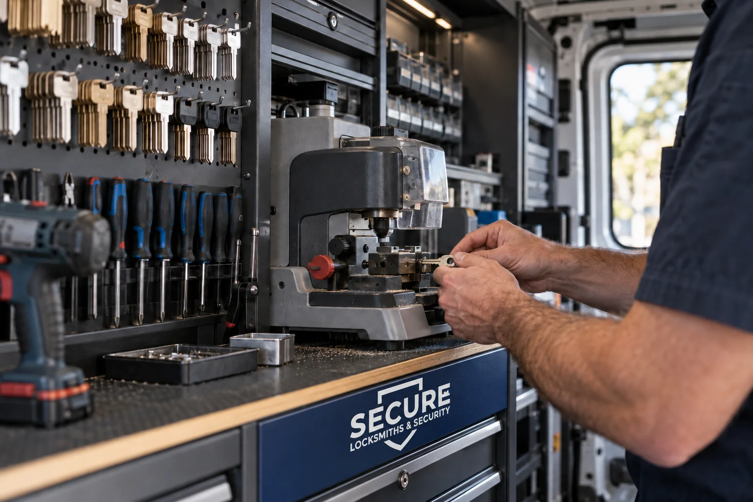 Tools and organised shelving inside a branded locksmith van — illustration for Adelaide locksmith services