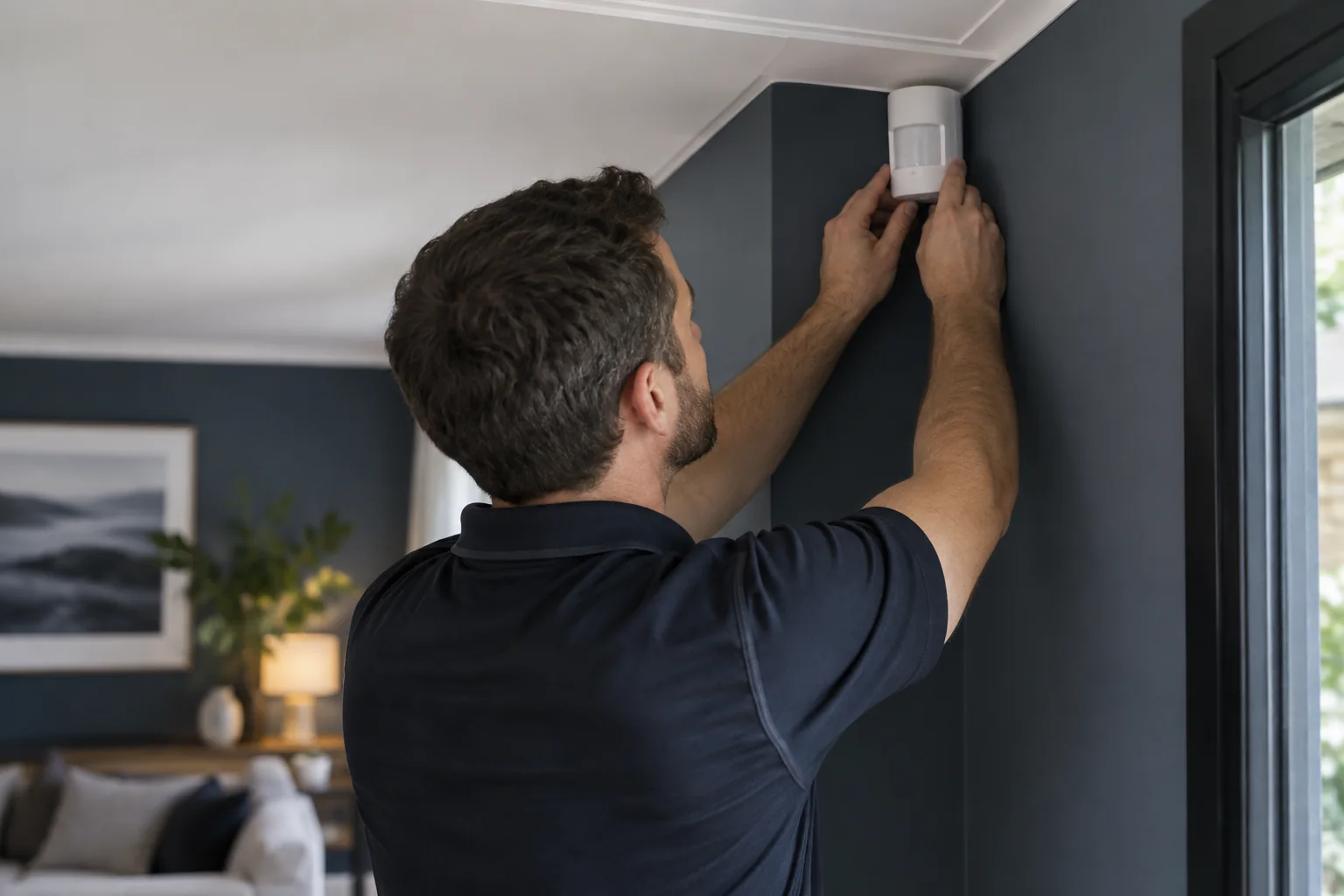 A motion detector installed near a ceiling — illustration for Adelaide locksmith services