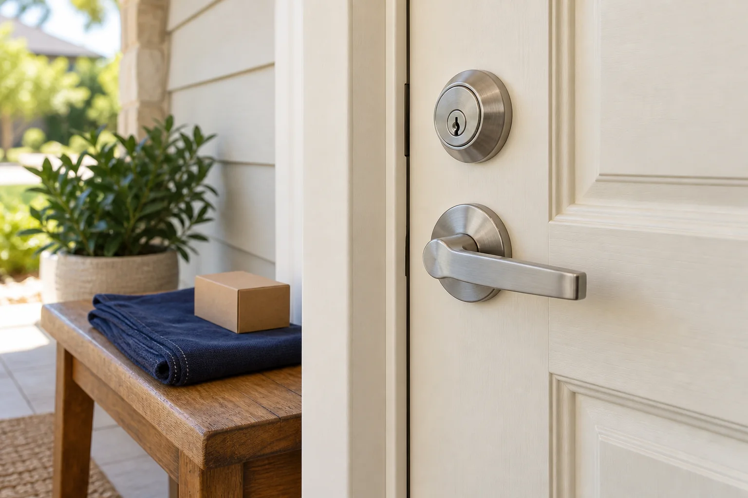 New lock and handle hardware on a door — illustration for Adelaide locksmith services