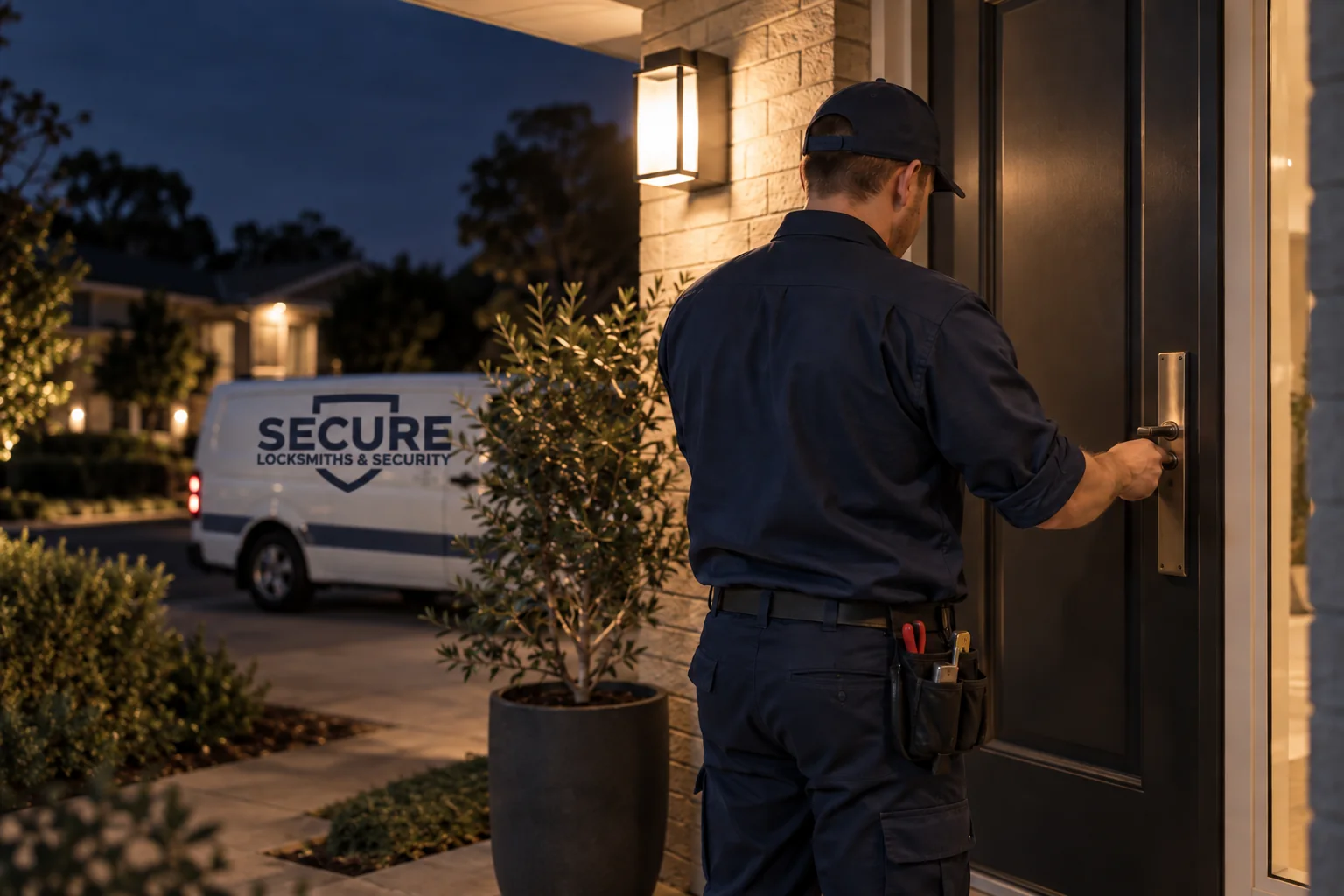Locksmith at a front door after dark with a branded Secure Locksmiths van — illustration for Adelaide locksmith services