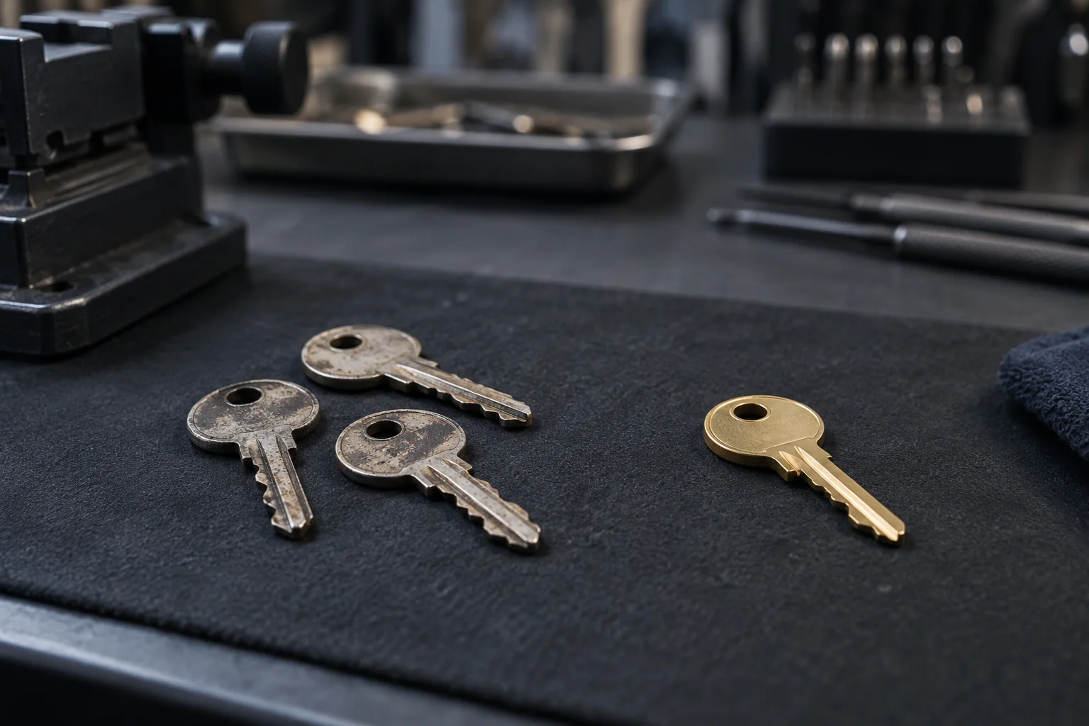Old keys arranged beside a replacement key set — illustration for Adelaide locksmith services