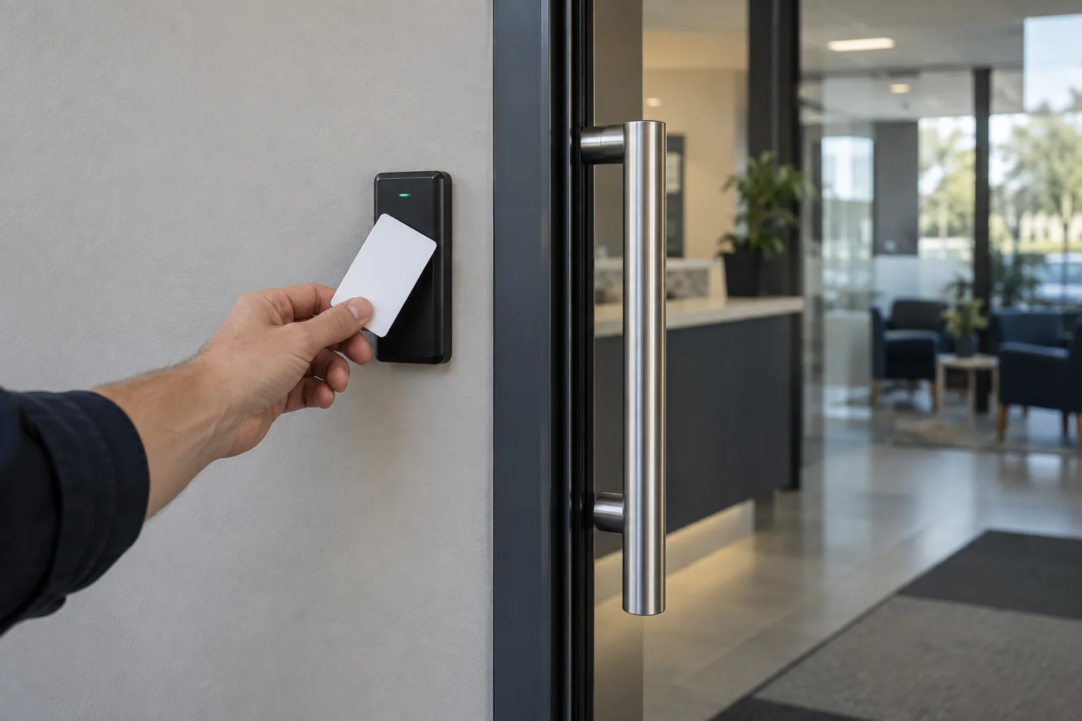 A hand presenting an access card to a door reader — illustration for Adelaide locksmith services