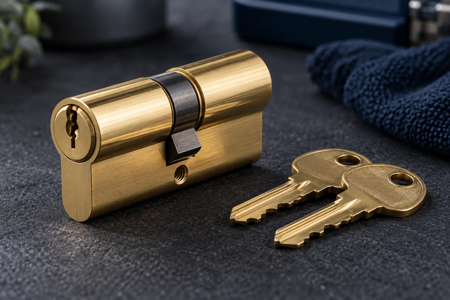 Replacement lock cylinder and keys on a workbench — illustration for Adelaide locksmith services