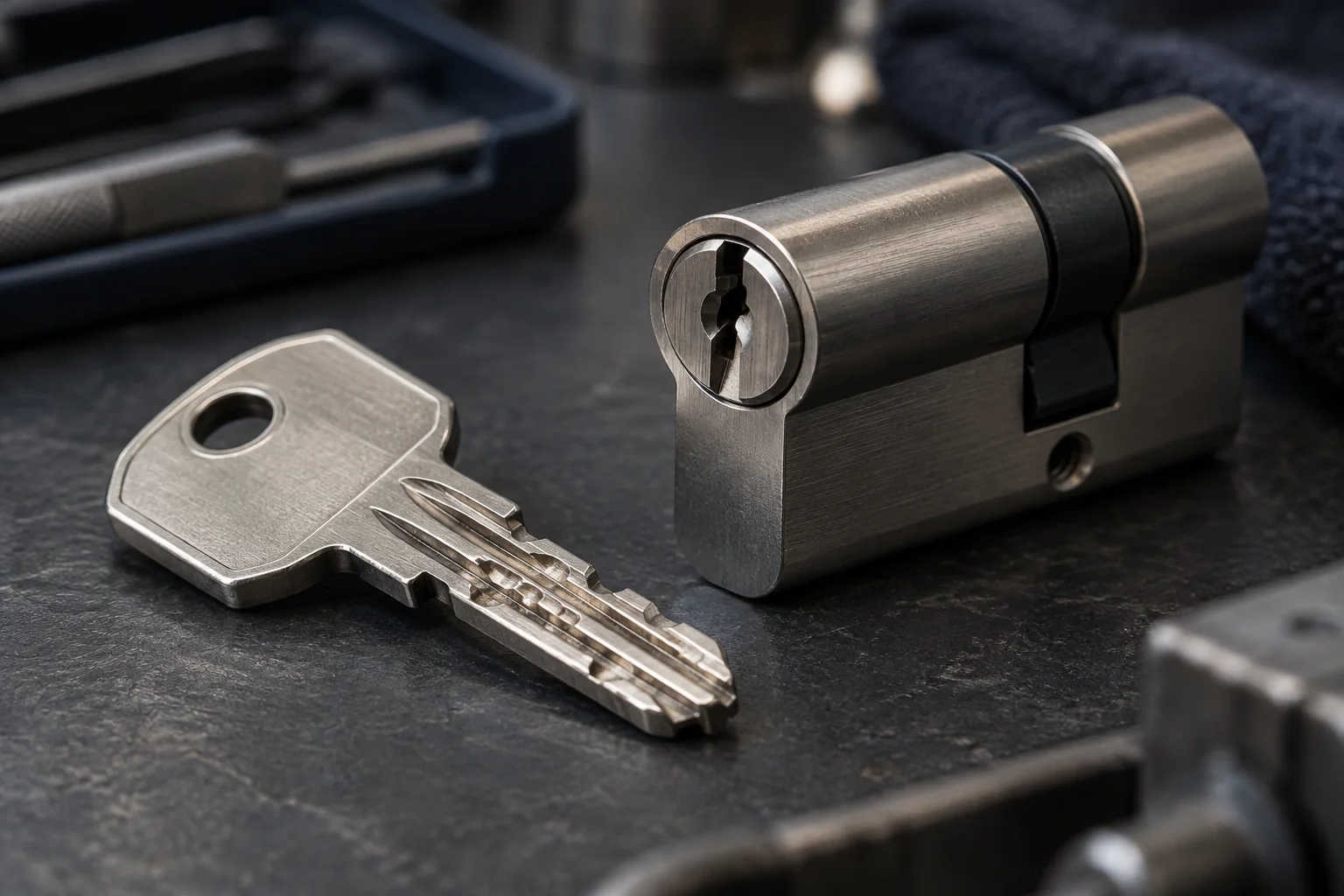 A security key beside its matching lock cylinder — illustration for Adelaide locksmith services