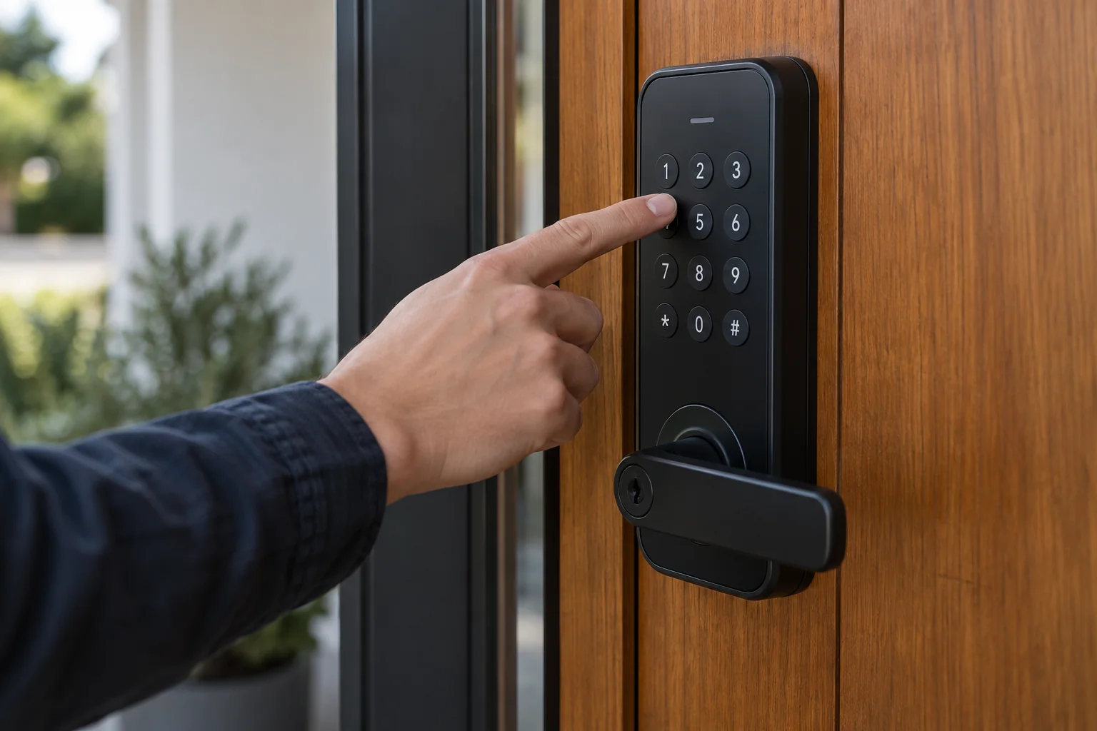 A hand entering a code on a door-lock keypad — illustration for Adelaide locksmith services