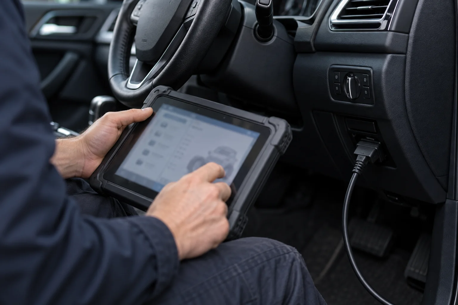 Vehicle key and diagnostic equipment inside a car — illustration for Adelaide locksmith services